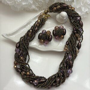 HERGUZ IRIDESCENT BEADED CLIP EARRINGS & NECKLACE DEMI-PARURE